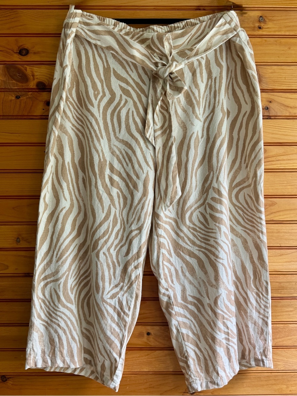 Blue Sol Linen Rayon Zebra Print Capri Pants Elastic Waist Tie 1X Wide Leg